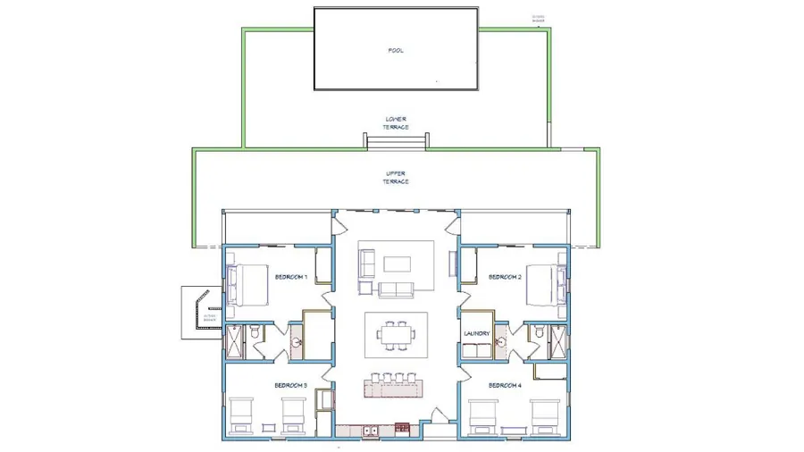 Seaview Villa floor plan: four bedrooms, open living and dining, laundry, terraces and pool