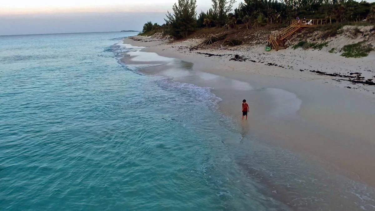The beach and stairs at dusk, seen from above